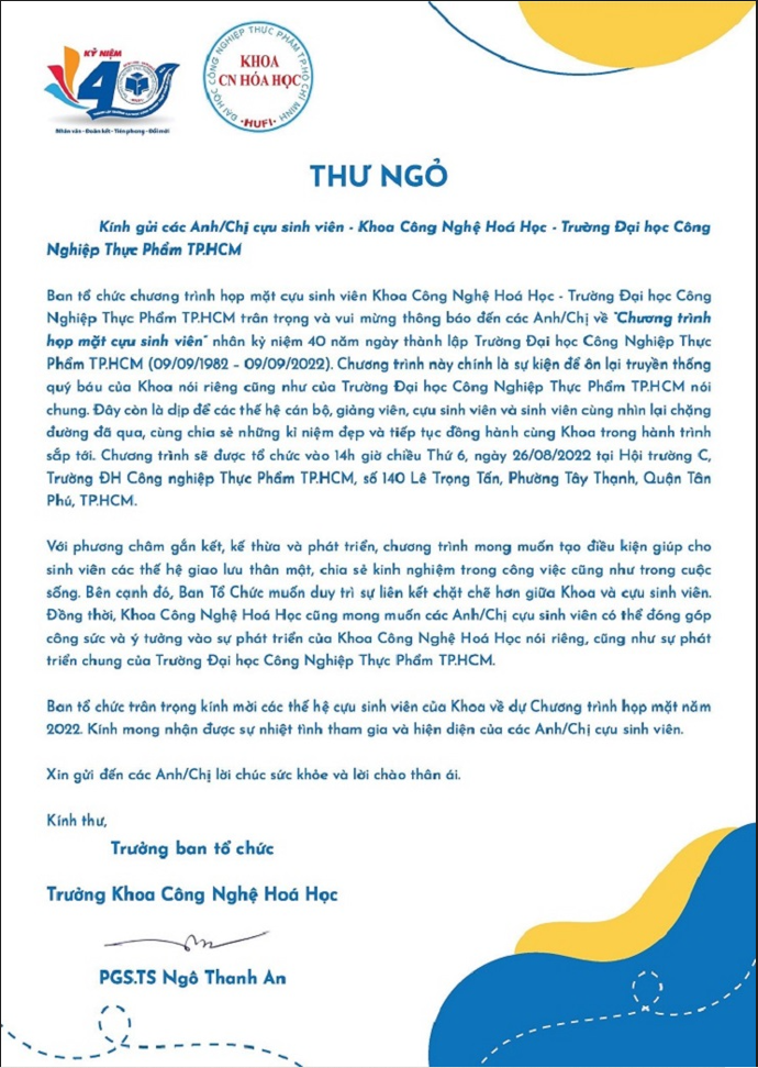 Kính gửi các Anh/Chị cựu sinh viên  - Khoa học Công Nghệ Hóa Học - Trường Đại Học Công Nghiệp Thực Phẩm